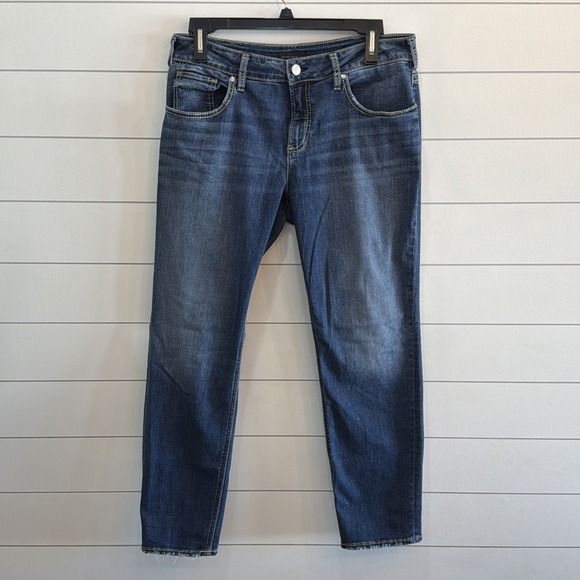 Silver Jeans Denim - Silver Jeans Womens W34 L29 (act 34X30) Boyfriend Stretch Distressed Dark Wash